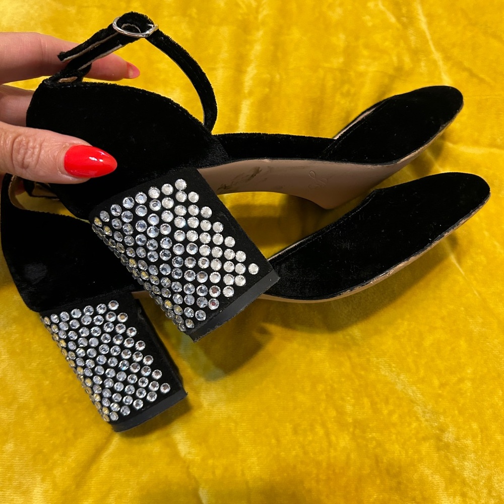 Black Velvet Mary Jane Heels w Rhinestone-Studded Heels, Size 6